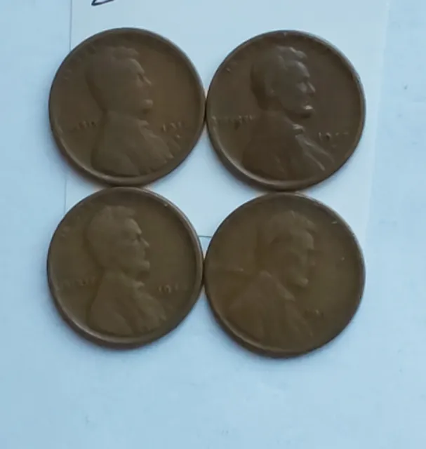 4 Different Lincoln Wheat Cents from the Teens w/2 Mint Marks-1916D 17D 18S 19D