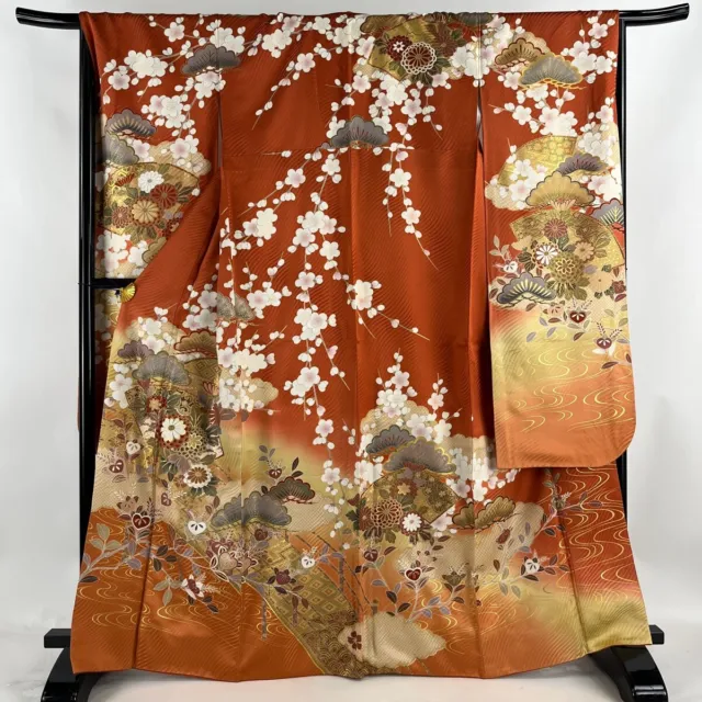 Japan Silk Kimono Vintage Furisode Gold Gorgeous Red Foldingfan Flower 64in
