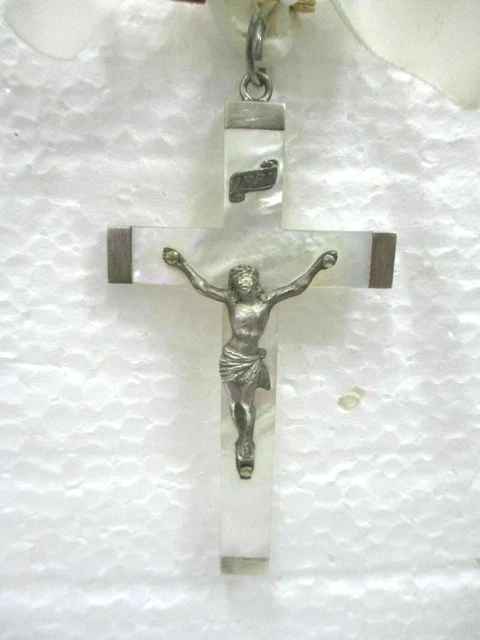 Ancien Pendentif Croix Jésus Argent & Nacre Mother of Pearl Solid