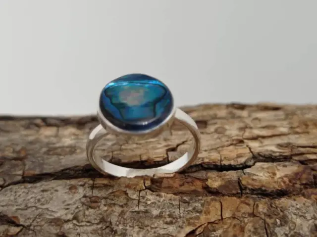 Handmade blue circle abalone mexican ring ,Silver plated ring,iridescent ring,ge