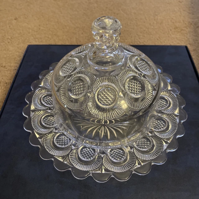 VINTAGE ANTIQUE CLEAR Pressed Glass Butter Dish Dome Lid Button £9.54