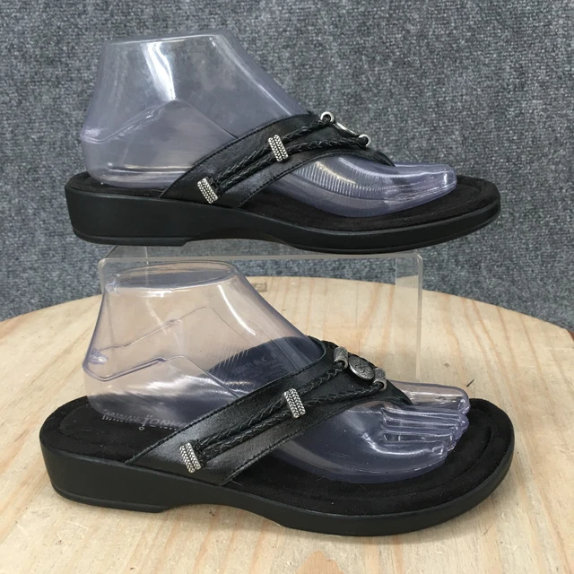 Minnetonka Sandals Womens 9 Silverthorne Thong Slip On Black Leather Open Toe