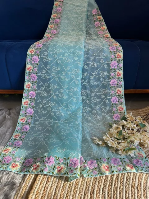 Nuevo sari de seda de organza pura en color sólido con hilo de viscosa...