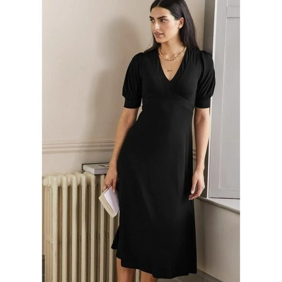 Boden Eva Jersey Midi Dress Women's Size 2 V-Neck Navy Blue