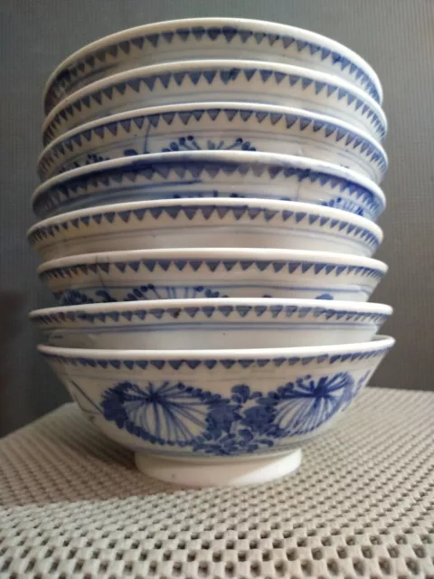 Set of 8 Vintage 1960s Chinese  Blue and White  Porcelain Rice Bowl