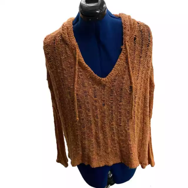 En Creme Open Knit Distressed V-Neck Hooded Sweater Orange Womens Size Med