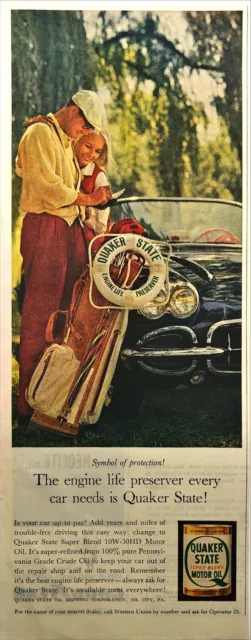 1961 Quaker State Motor Oil Vintage Print Ad Couple Convertable Car