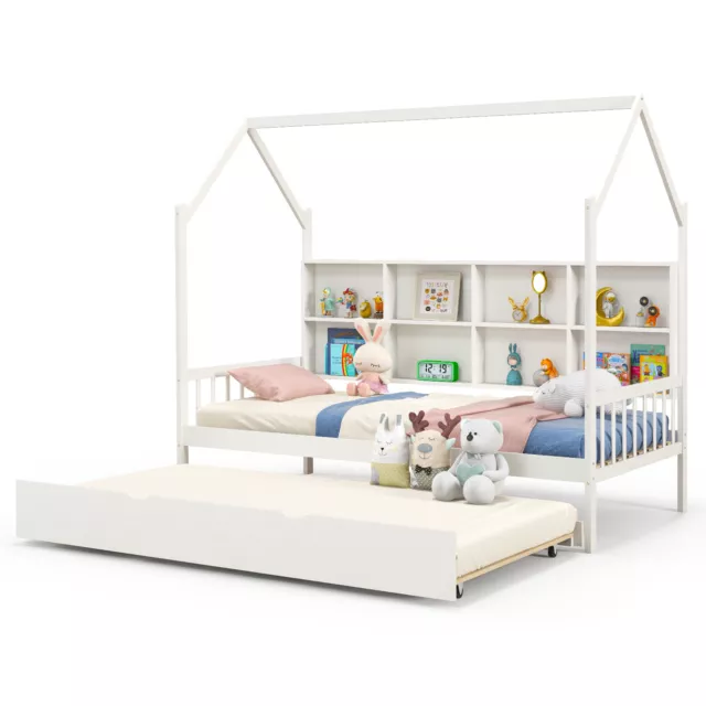 Wooden Twin House Bed Frame w/Trundle 2-in-1 Montessori Bed for Kids Boys Girls