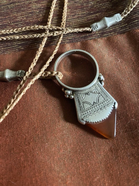 Collier Vintage Pendentif En Agate Naturelle Et Argent - Bijou Ancien Style Bohème, Excellent état