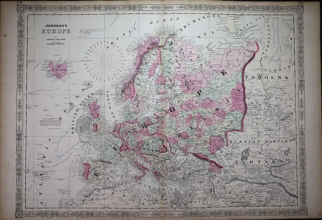 1863 Johnson's Atlas Map ~ EUROPE ~ (XL18x28)    #830