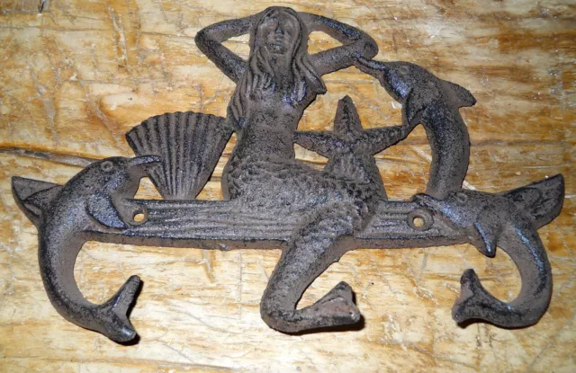 Cast Iron MERMAID Towel Hanger Coat Hooks Hat Hook, Key Rack DOLPHIN BROWN