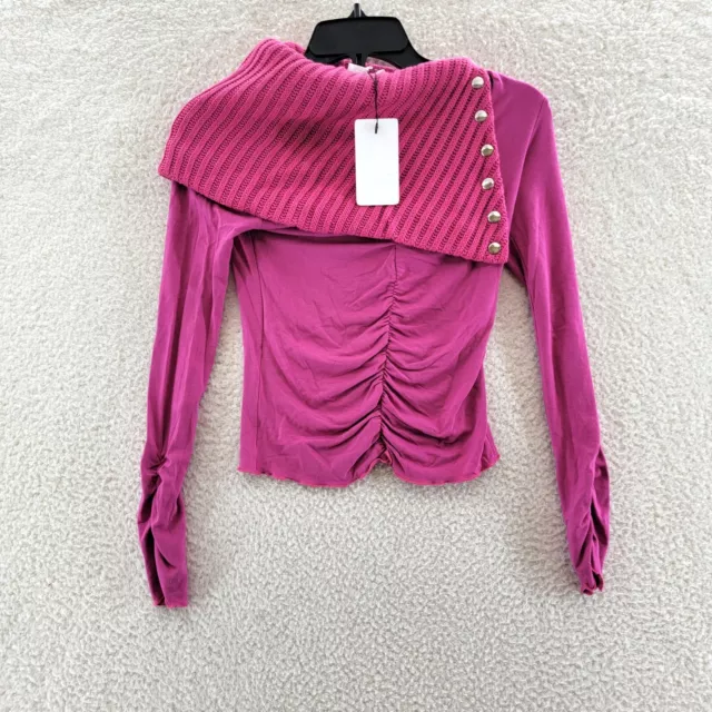 Line & Dot Ruched Ribbed Snaps Foldover Neck Sweater Women's Small Hot Pink L/S