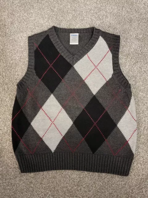 Gymboree Boys Sweater Vest Size XS 3-4 Black Gray Red Argyle Knit V Neck Cotton