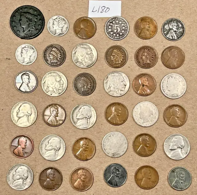 Estate Lot Of 36 Old Coins 1833 Large Cent Silver Dimes Buffalo Nickels #L180