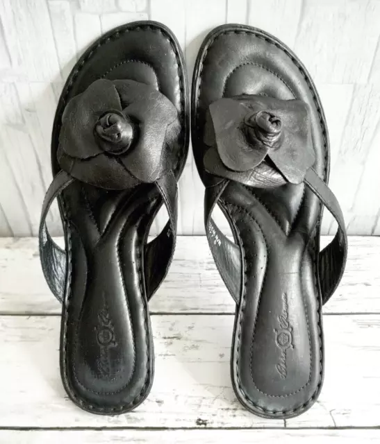 Born Women's 9 M/W Black Leather Thong Flowers  Flip Flop Slide Sandals 3