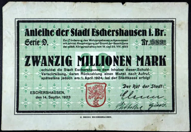 ESCHERSHAUSEN 1923 20 Million Mark Inflation Notgeld Banknote Germany