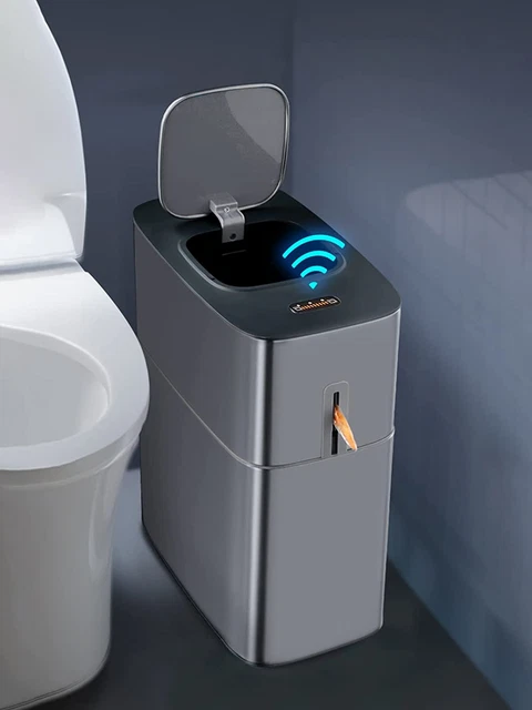 MOPUP Touchless Bathroom Trash Can, 4 Gallon Narrow Metal Automatic Privacy Bin