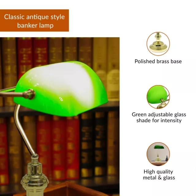 Retro Bankers Desk Lamp Brass Vintage Classic Green Shade Desk Light 3