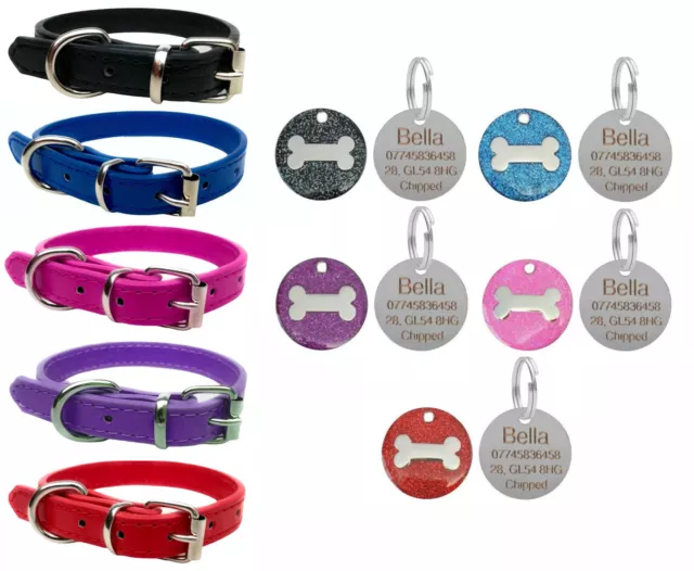 Vibrant Leather Dog Collar for Puppy, Dogs & Personalised Glitter Bone Pet Tag