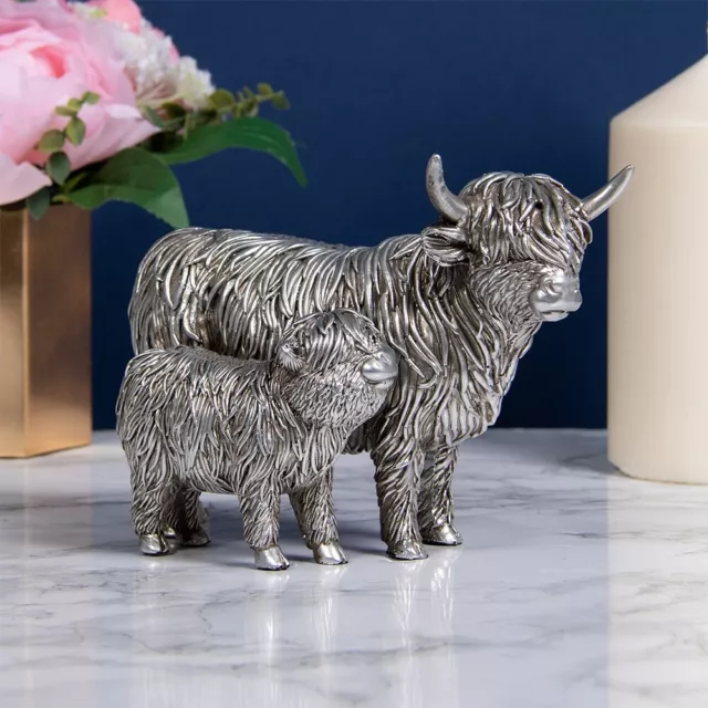 Leonardo Silver Reflections Highland Cow & Baby Calf Ornament Large Figurine