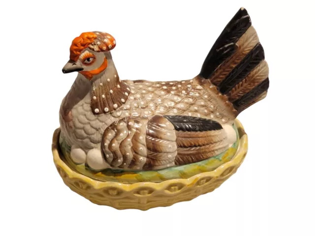 19th Century Staffordshire Hen On Nest 9" Lidded Bowl Tureen Bisque Porcelain