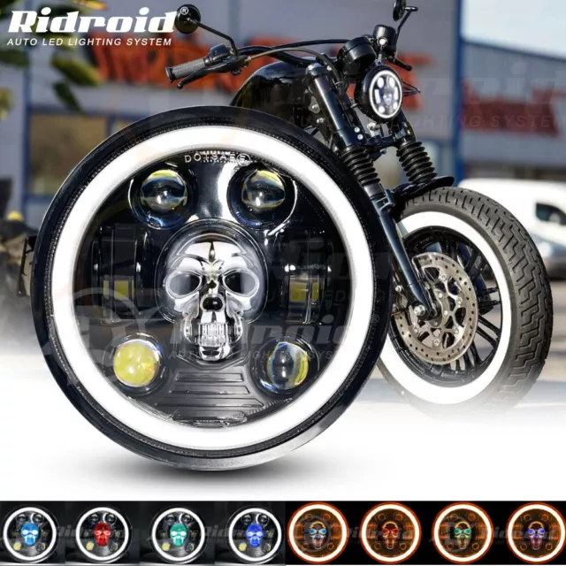 5.75" 5-3/4 inch RGB Skull LED Headlight Hi/Lo Projector Halo DRL For Motorcycle