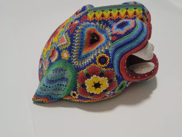 Vtg Huichol Beaded Jaguar Head Handmade Mexican Folk Art 8" Trippy Panther Cat