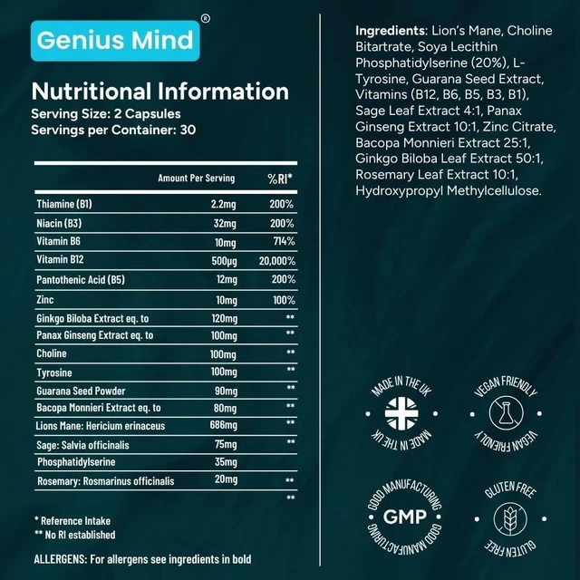 GENIUS MIND NOOTROPIC Brain Supplement Energy Focus Memory 60 Capsules ...