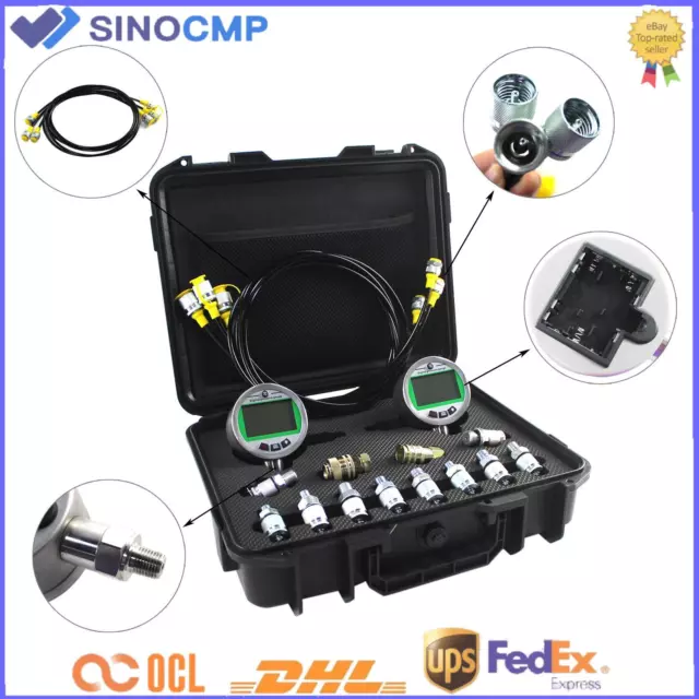 SINOCMP 80MPA Digital Pressure Gauge Test Kit w/ 2 Guages 3 Test Hose 12 Fitter