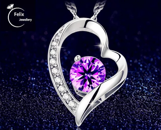 Purple Crystal Heart Pendant 925 Sterling Silver Chain Necklace Women Jewellery