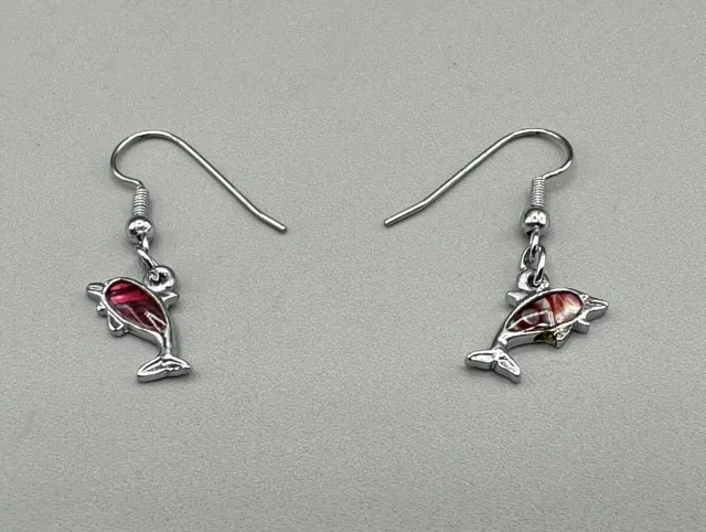 CUTE Dolphin Earrings Red Iridescent Nautical Costume Jewelry Dangle Dolphins