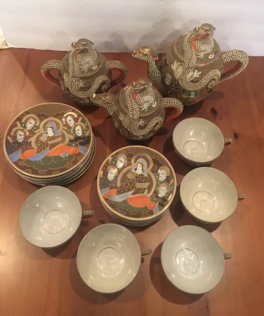 Vintage Japanese Porcelain Ceramic Satsuma Moriage Dragon Ware Tea Set