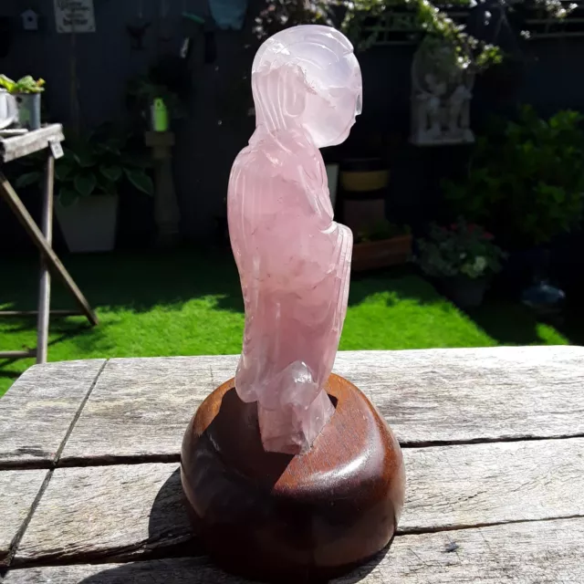 ORIENTAL CHINESE ROSE QUARTZ CARVED FIGURINE ON WOODEN STAND APPROX  14cm HIGH