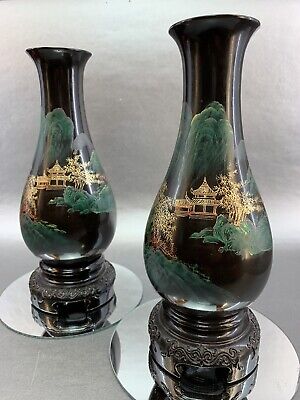 ONE Chinese Hand Painted Fuzhou Foochow Black Lacquerware 9” Vase Lacquer Asian