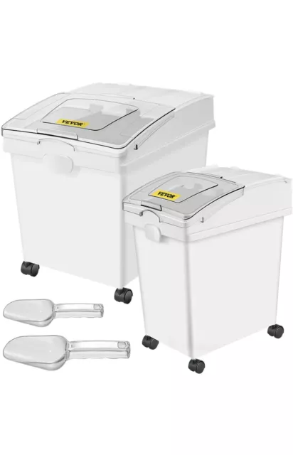 2 Pack Ingredient Storage Bin 10.5/6.6 Gal White Flour Bins On Wheels w/ Scoop