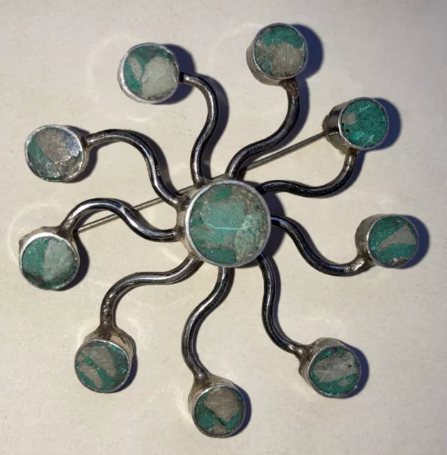 Vintage Taxco Mexico Sterling Silver Starburst Turquoise Modernist Brooch MS  SW