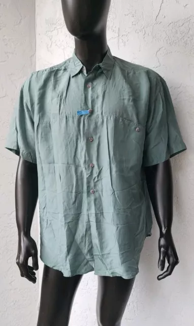 VTG 90'S STRUCTURE Mens Large Shirt Top Button Down Short Sleeve 100% Silk Green