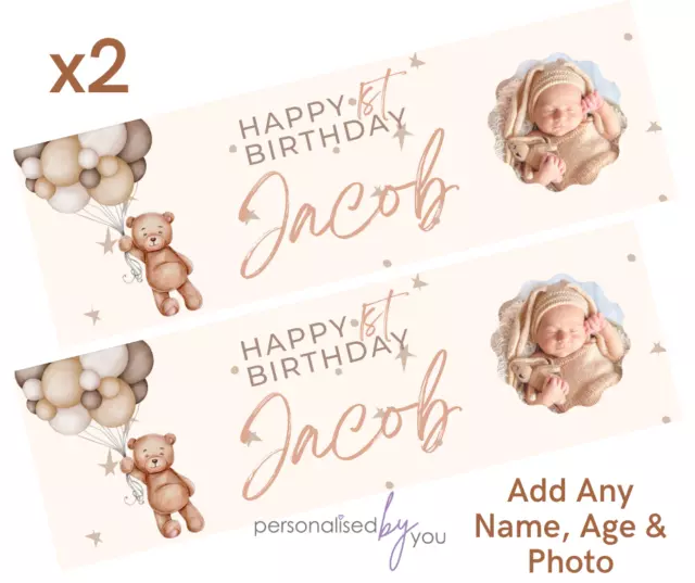 2x Personalised Beige PHOTO BABY BIRTHDAY Banners LARGE Party Poster Teddy Bear