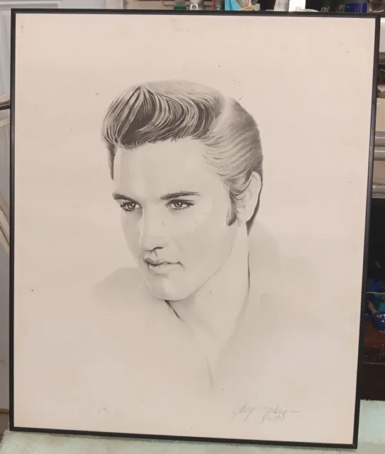 Elvis Presley 1987 Charcoal and Pencil Drawing 20" x 24" By Gary Saderup Framed