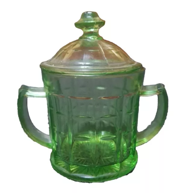 Hazel Atlas Green Uranium Glass Colonial Block 2 Piece Lidded Sugar Bowl -Glows!