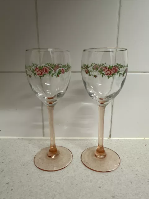 Vintage Luminarc peach stemmed wine glasses with rose design x 2 VGC