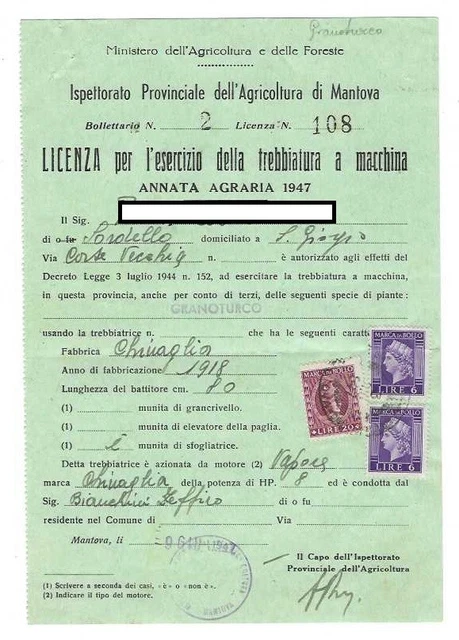 Mantova Agricoltura Licenza Trebbiatura Granoturco 1947 Marche Da Bollo #Aplot