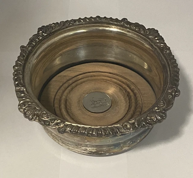 Vintage Wine Bottle Coaster, Silver Plate? with Wood Inlay Large Cat Imprint