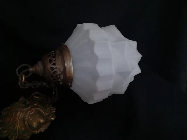 Lampe Suspension Art Déco - Lanterne Usine à 5 Verres Gravés - Tôle émaillée
