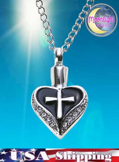 New Crystal Cross Heart Urn Cremation Pendant Ash Holder Memorial Necklace