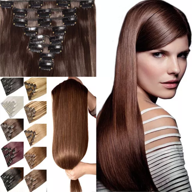 100% Natural Real Clip in Hair Extensions 8 Pieces Full Head Long as Human Hair