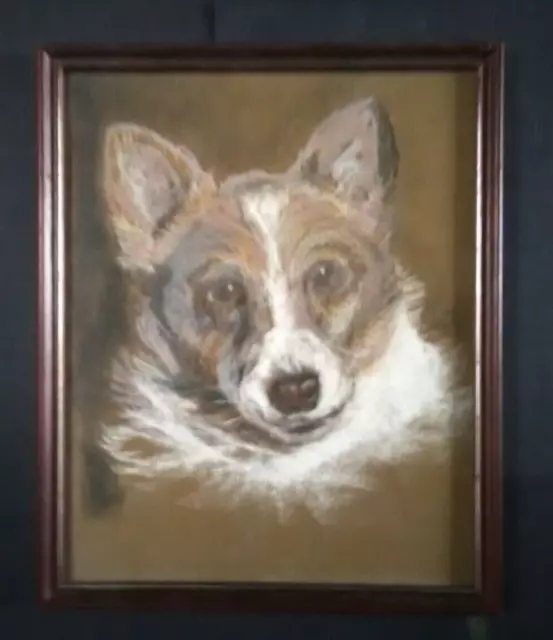 Vintage Framed Pastel Drawing, Corgi Dog, Original, Glazed