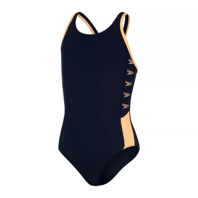 Speedo Girls Swimsuit.new Boom Logo Splice Navy Muscleback Swimming Costume W22