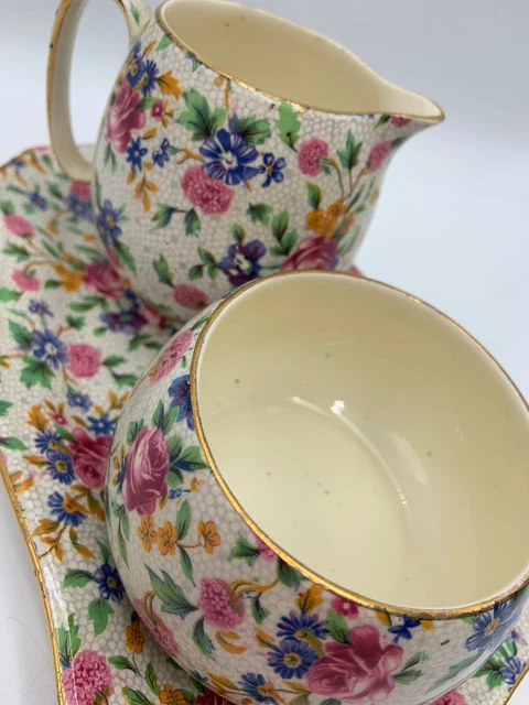 Royal Winton Grimwades OLD COTTAGE CHINTZ Sugar Bowl Creamer Tray Vintage 6