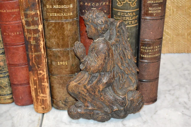 Antique German Black Forest Carved Wood Angel Plaque